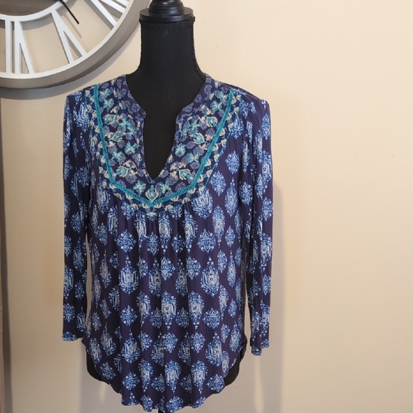 Lucky Brand Navy and Teal Patterned Blouse - Picture 1 of 5